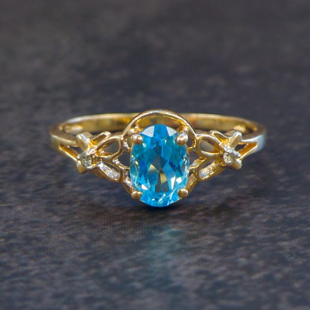 14k Gold Oval Blue Topaz Ring with Diamond Accents - Picture 11 of 15